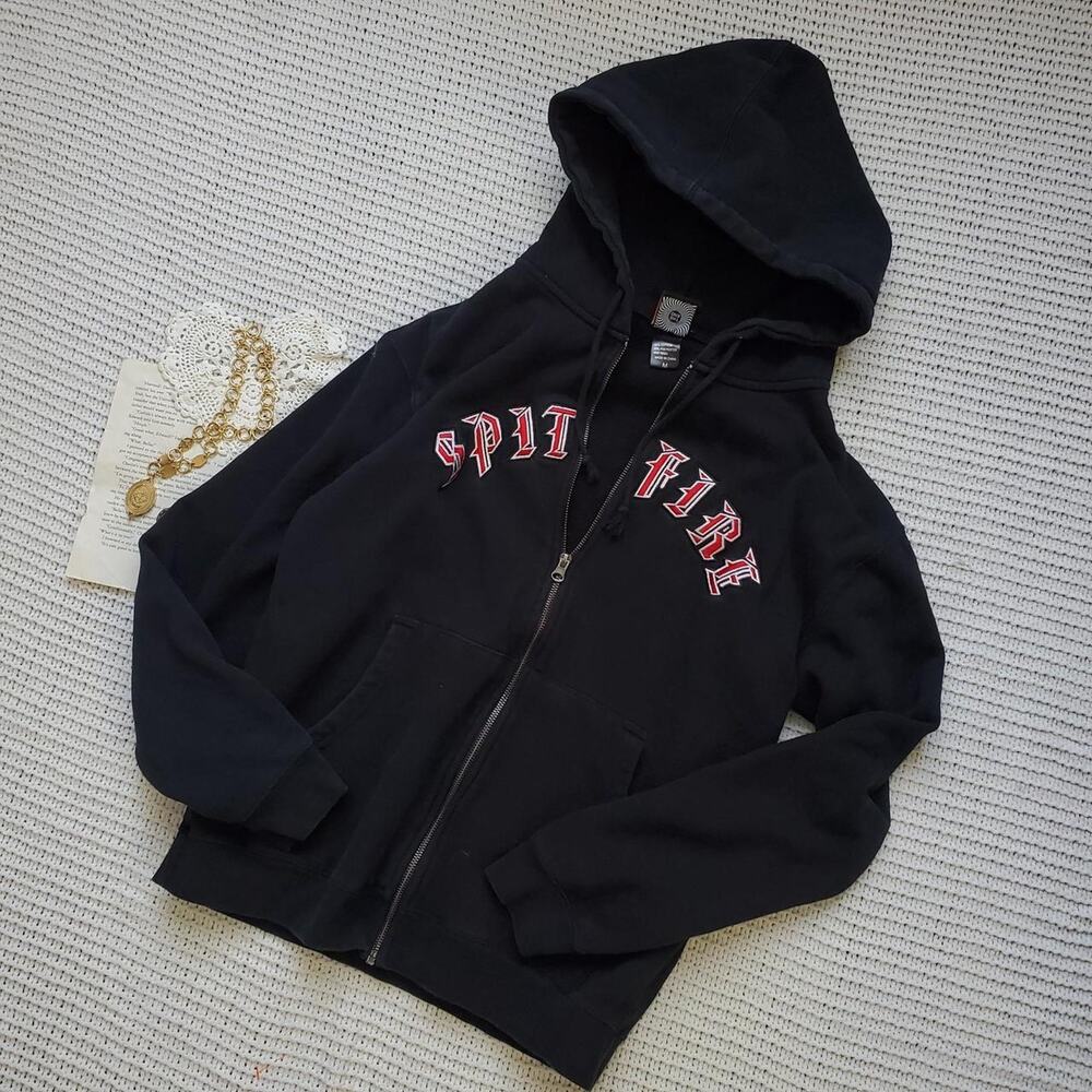 Black embroidered spitfire full zip hoodie